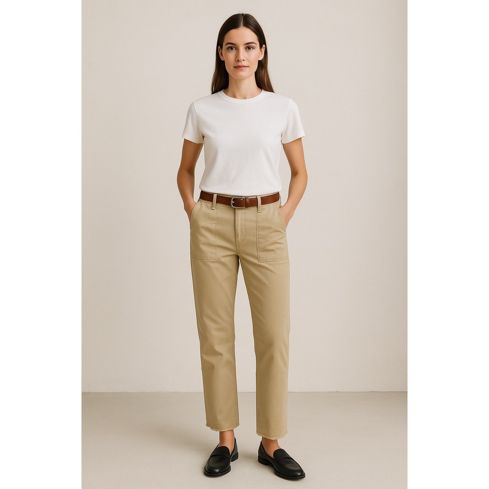 Nili Lotan Khaki Utility Pants Size 10 Ankle Straight Leg Raw Hem USA Quiet Lux